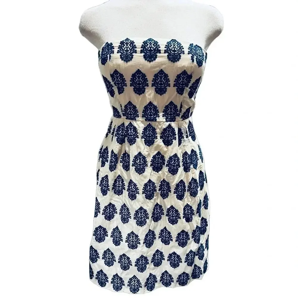 J. CREW FILIGREE-EMBROIDERED-STRAPLESS BEACH DRESS IVORY/BLUE SIZE 2